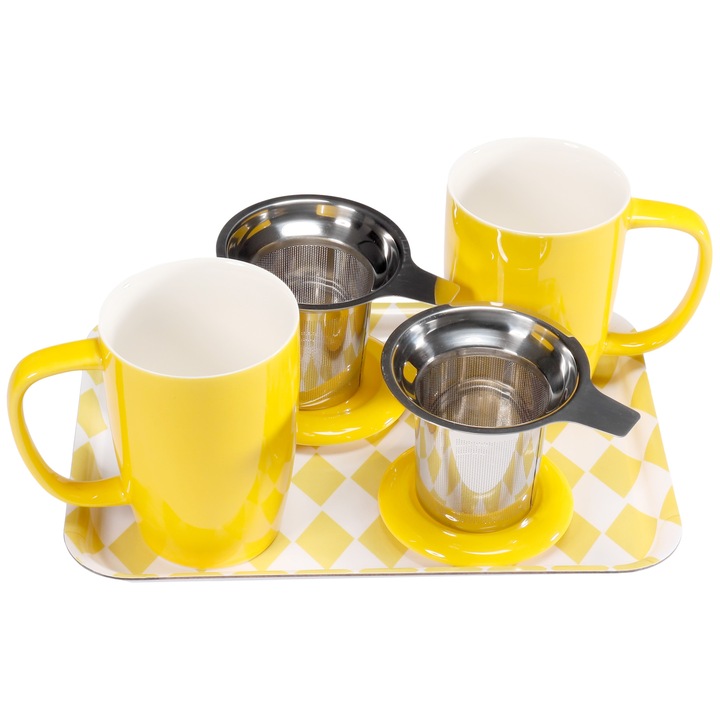 Cana portelan New Bone China cu infuzor metalic, tava, Tea point