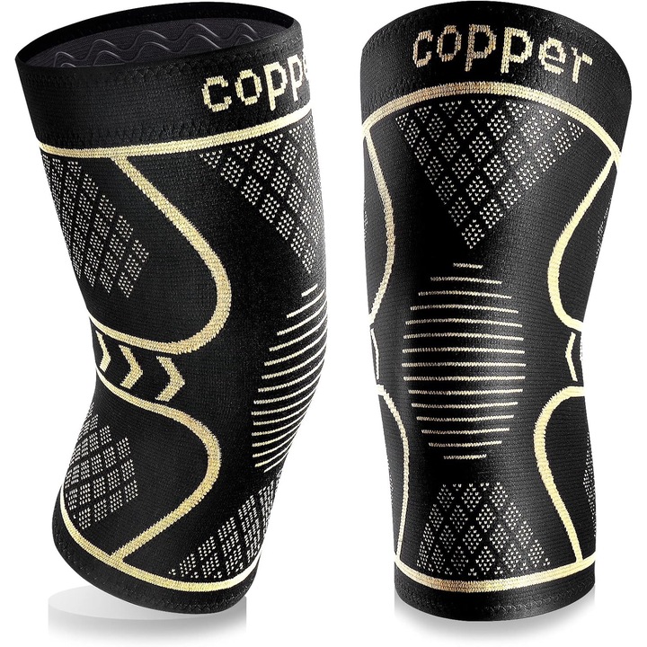 Set 2 Genunchiere compresive cu fir de cupru, marime XL, Negru/Beige, unisex, Sport, Protejeaza Articulatia Genunchiului