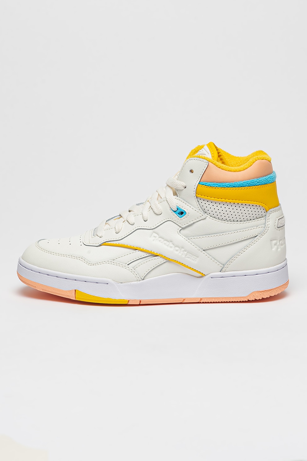 Reebok, Pantofi inalti unisex din piele pentru baschet BB 4000, Galben, Alb optic, Albastru, 5.5