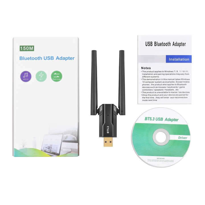 Bluetooth 5.3 USB адаптер, SIHOiSi®, Предаване 150 м, 9×4.6×1.2 см, Черен