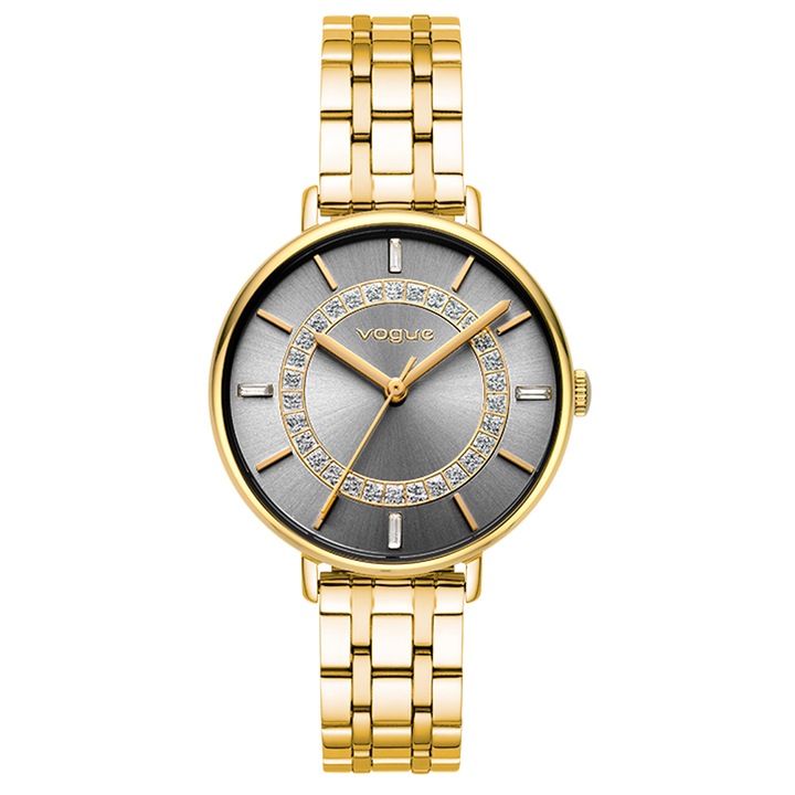 Ceas dama Karine, Vogue, Bratara placata cu aur de 18K, Cadran gri inchis, Auriu