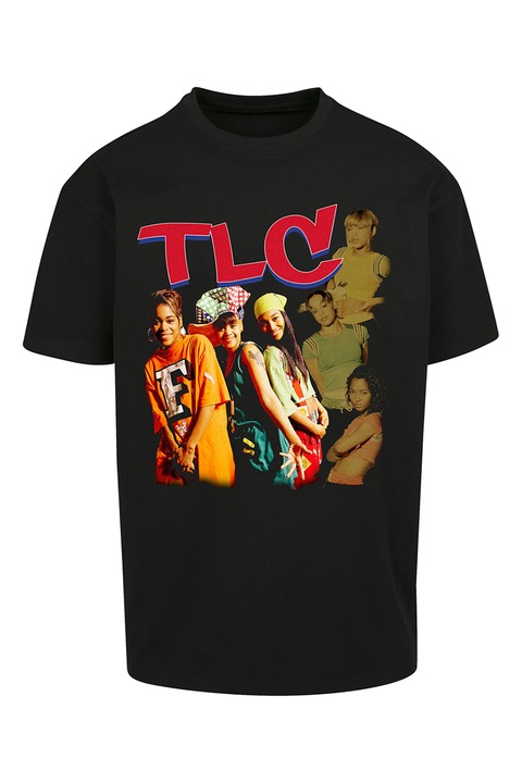 Mister tee, Tricou de bumbac cu decolteu la baza gatului si imprimeu foto, Negru