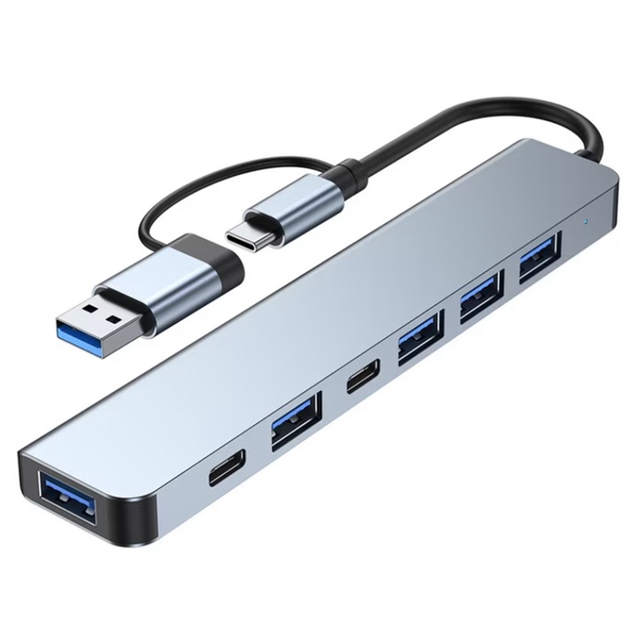 7 в 1 многопортов хъб адаптер, CeruleTree, USB-C/USB, сребрист