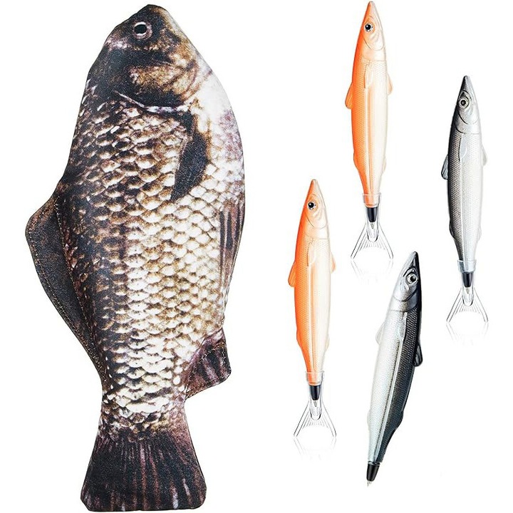Penar 3D peste neechipat 30cm x 14 cm, JENUOS®, Aspectul carasului, 4 bucati de stilouri in forma de peste