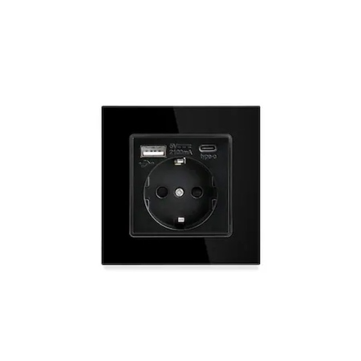 Priza Neagra cu Rama din Sticla Simpla cu USB A si USB c