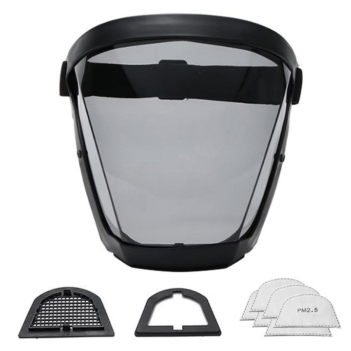 Masca de protectie anti-aburire super-protectiva, enkourakoko®, cu 2x filtre PM2.5, pe toata fata, tip viziera, flexibila, unisex, reutilizabila, Transparent / Graphite Grey