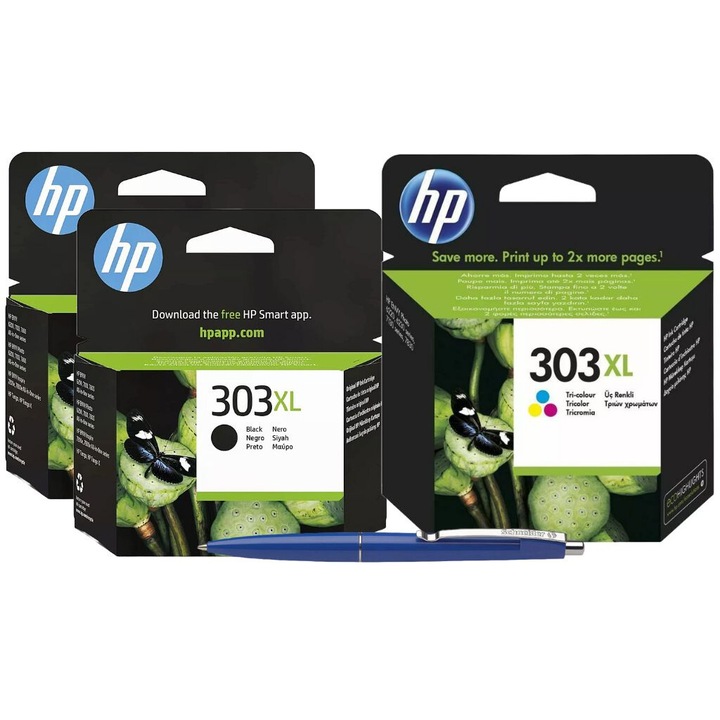 Set Cartuse Cerneala Original HP (303XL) 2x T6N04AE Negru, 1x T6N03AE Color, 34 ml si pix Schneider