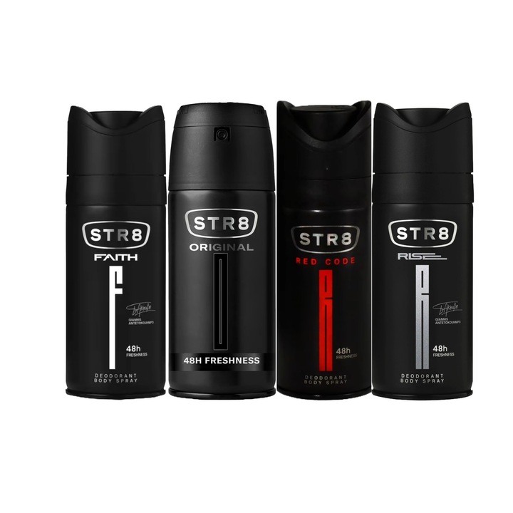 Комплект 4 X спрей дезодоранти против изпотяване STR8 Variety 150 ml, 1x Faith, 1x Original, 1x Red Code, 1x Rise, освежаващ аромат, дълготрайна защита, бързосъхнеща формула, 48 часа