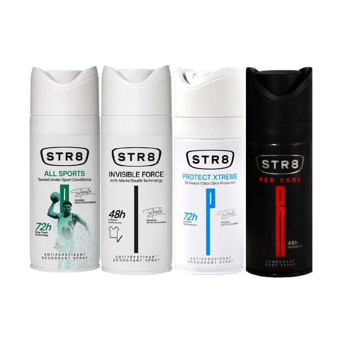 4 db izzadásgátló spray dezodor STR8 készlet, 150 ml, 1x All Sports, 1x Invisible Force, 1x Protect Xtreme, 1x Red Code, frissítő illat, hosszantartó védelem, gyorsan száradó formula, 48 óra