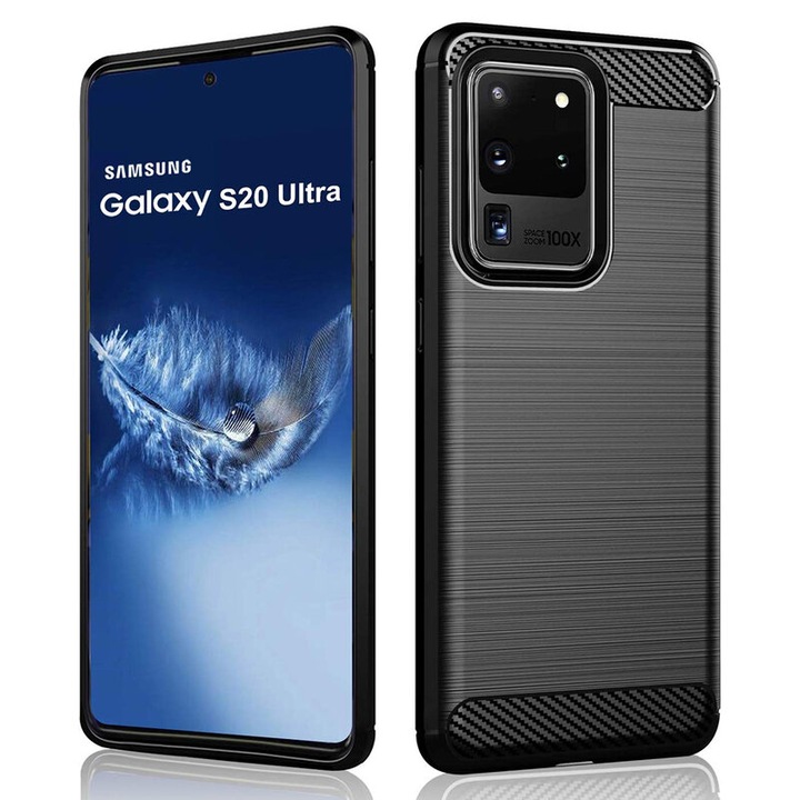 Защитен калъф, съвместим с Samsung Galaxy S20 Ultra 4G / S20 Ultra 5G, Carbon Silicone, Черен