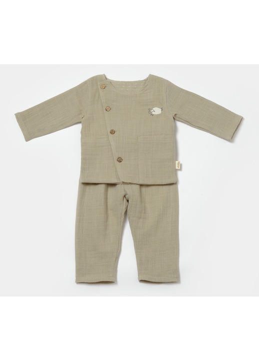 Set bluza cu nasturi si pantaloni, Winter muselin, 100% bumbac - Verde, BabyCosy, 3-6 luni