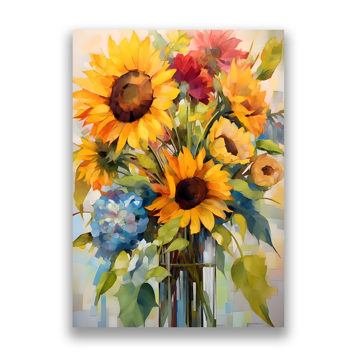 Картина на платно, LuxCanva® A1449, Букет цветя, 50 X 70 CM, 100% памучно платно 400g/m2, Дървена рамка, Стая, Растения, Слънчоглед, Пролет, Всекидневна, Живи цветове