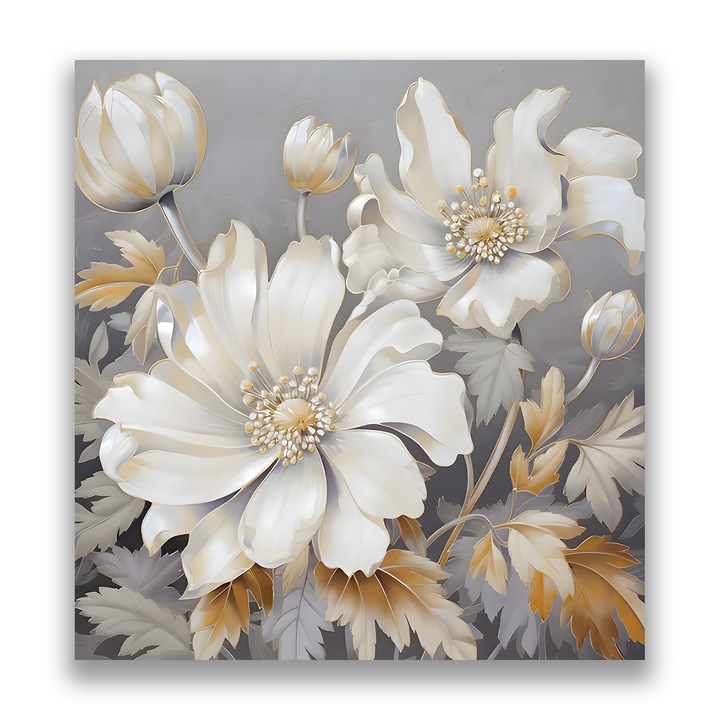 Първокласна картина на платно, LuxCanva® A1454, Бяла вибрация, 90 X 90 CM, 100% памучно платно 400g/m2, Дървена рамка, Декоративна, Всекидневна, Цветя, Божури, Бяла, Всекидневна, Живи цветове