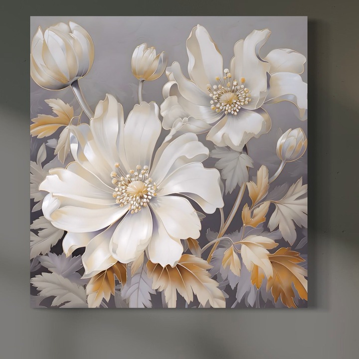 Картина от канава Премиум, LuxCanva® A1454, Бяла Вибрация, 100 X 100 СМ, Плат 100% Памук 400гр/м2, Дървена Рамка, Декоративен, Всекидневна, Цветя, Божури, Бял, Всекидневна, Ярки Цветове