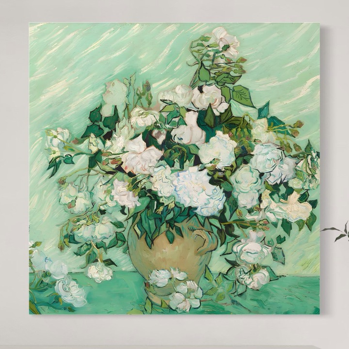 Картина Канава Премиум, LuxCanva® A1455, Бели Рози, 100 X 100 СМ, 100% Памучно Платно 400гр/м2, Дървена Подрамка, Всекидневна, Ваза, Цветя, Растение, Декоративен, Бял, Наситени Цветове