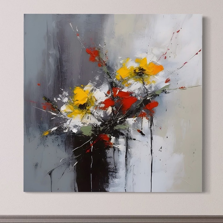 Премиум Канава Картина, LuxCanva® A1459, Хармония на цветята, 75 X 75 CM, 100% Памучно платно 400гр/м2, Дървен подрамник, Всекидневна, Декоративен, Абстрактен, Цветя, Стая, Ярки цветове