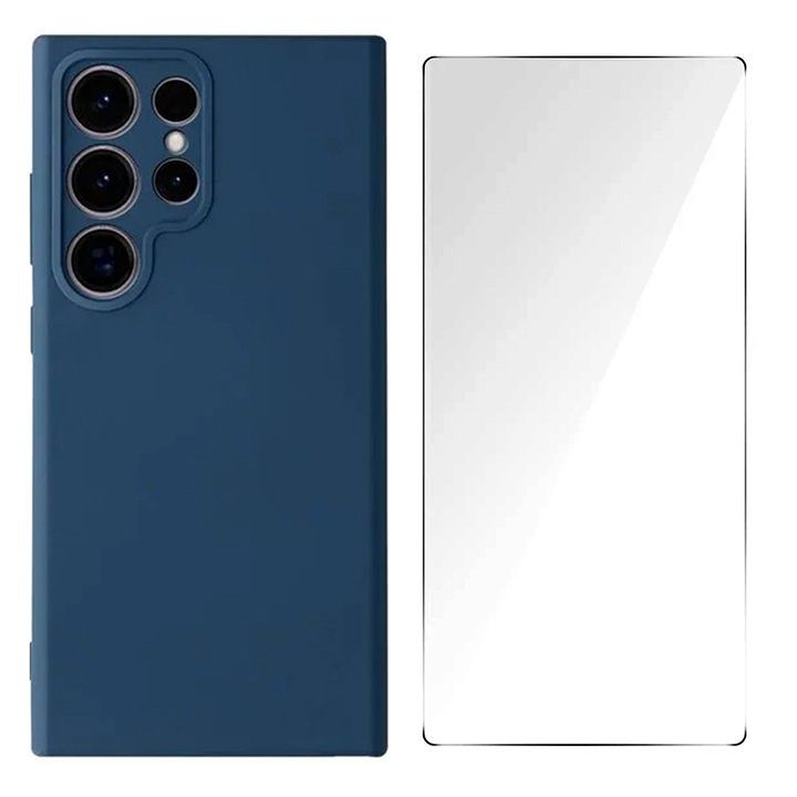 Set Folie Sticla Securizata 2.5 D, Crystal Clean, Case-Friendly si Husa Silicon cu Microfibra pentru Samsung Galaxy S24 Ultra, OPTIM SOLUTION, Protectie Camera, PerfectFit, Albastru
