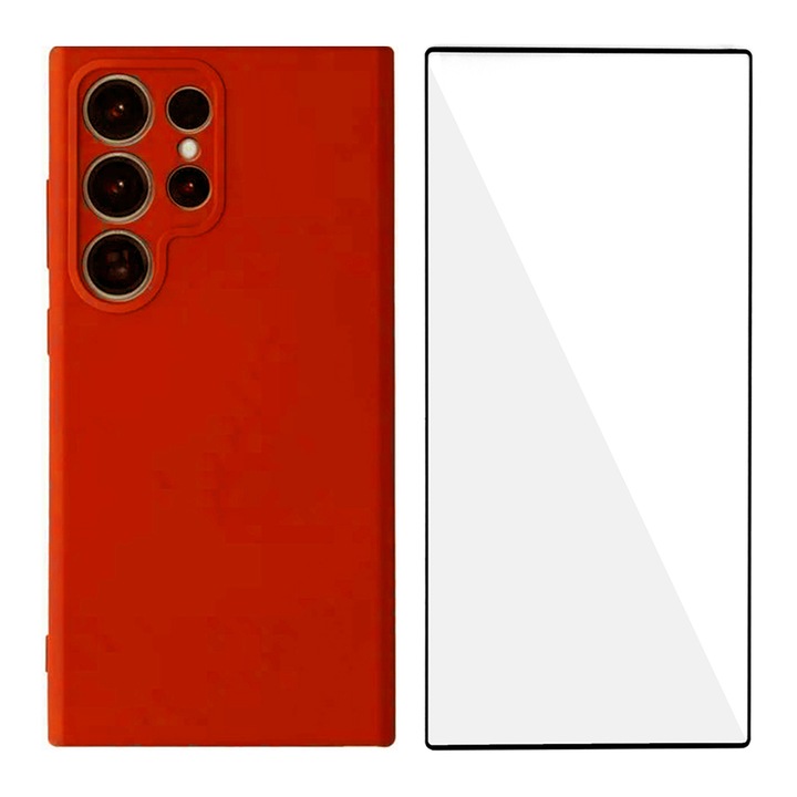 5D Secure Glass fólia készlet, Crystal Clean, teljes képernyős burkolat és szilikon tok mikroszálas Samsung Galaxy S24 Ultra készülékhez, OPTIM SOLUTION, kameravédelem, PerfectFit, barack