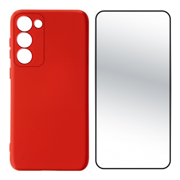 Set Folie Sticla Securizata 5D, Crystal Clean, Full Screen Cover si Husa Silicon cu Microfibra pentru Samsung Galaxy S23, OPTIM SOLUTION, Protectie Camera, PerfectFit, Rosu