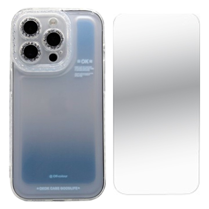 2.5D Secure üvegfólia készlet, kristálytiszta, tokbarát és szilikon kemény TPU tok Apple Iphone 14 Pro telefonhoz, OPTIM MEGOLDÁS, matt kék árnyalat gradiens dizájn, ultra védelem, tökéletes vékony illeszkedés, kék