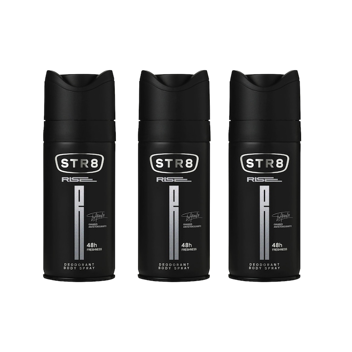Комплект от 3 X спрей дезодоранти против изпотяване STR8 Rise 150 мл, освежаващ аромат, дълготрайна защита, бързосъхнеща формула, 48 часа