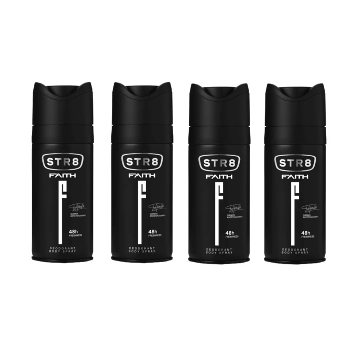 Комплект 4 спрей дезодоранти против изпотяване STR8 Faith 150 мл, освежаващ аромат, дълготрайна защита, бързосъхнеща формула, 48 часа