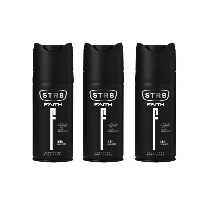Комплект 3 X дезодорант спрей против изпотяване STR8 Faith 150 мл, освежаващ аромат, дълготрайна защита, бързосъхнеща формула, 48 часа