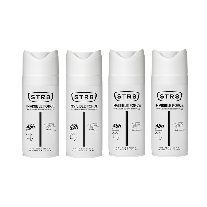 Комплект от 4 спрей дезодоранти против изпотяване STR8 Invisible Force 150 мл, освежаващ аромат, дълготрайна защита, бързосъхнеща формула, 48 часа