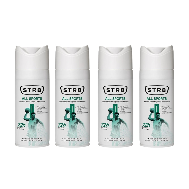 Комплект от 4 спрей дезодоранти против изпотяване STR8 All Sports 150 мл, освежаващ аромат, дълготрайна защита, бързосъхнеща формула, 48 часа