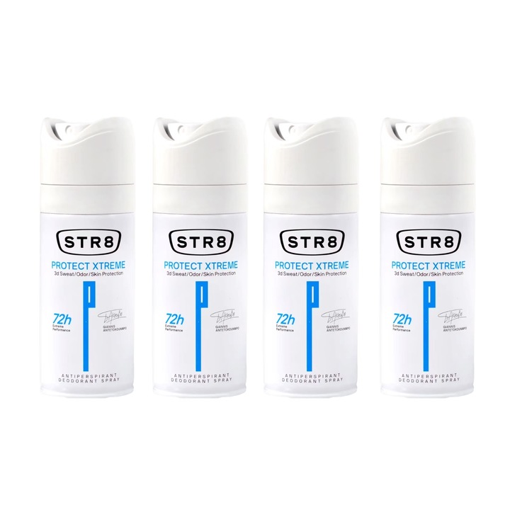 Комплект от 4 спрей дезодоранти против изпотяване STR8 Protect Xtreme 150 мл, освежаващ аромат, дълготрайна защита, бързосъхнеща формула, 48 часа