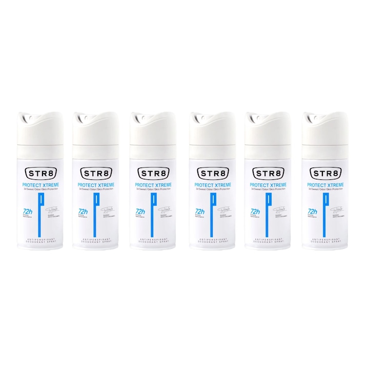 Комплект от 6 спрей дезодоранти против изпотяване STR8 Protect Xtreme 150 мл, освежаващ аромат, дълготрайна защита, бързосъхнеща формула, 48 часа