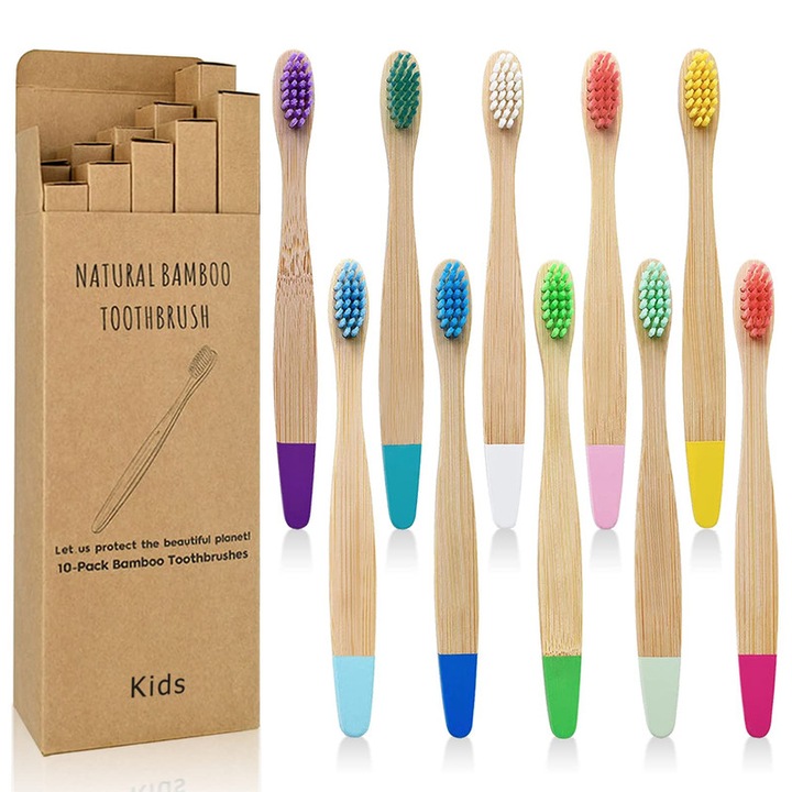 Комплект от 10 четки за зъби, Phojiadan, Bamboo, Multicolor