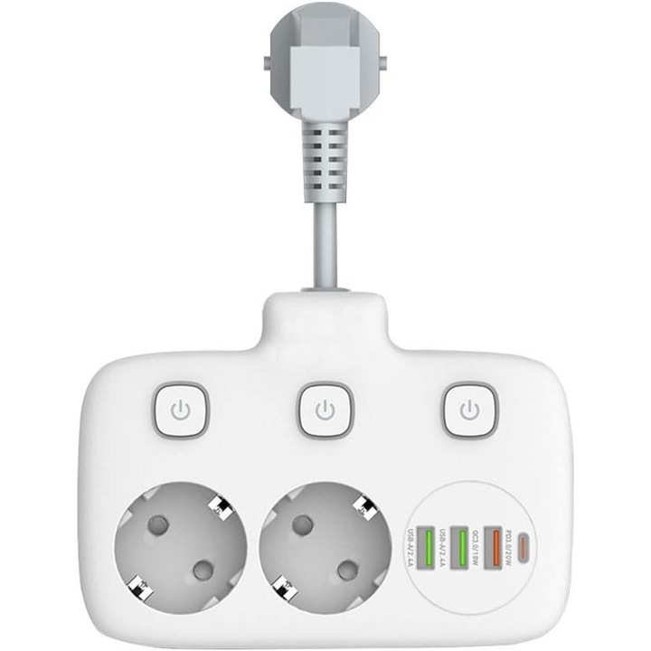 Удължителен кабел, Phojiadan, 2xPlug/3xUSB, 0.25m, Бял
