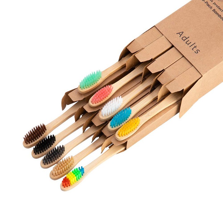 Комплект от 10 биоразградими четки за зъби, Phojiadan, Bamboo, Multicolor