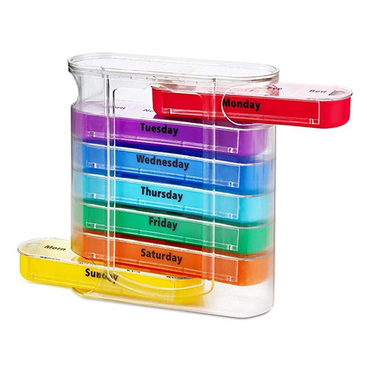 Organizator medicamente, VidFair, 28 Compartimente, Multicolor