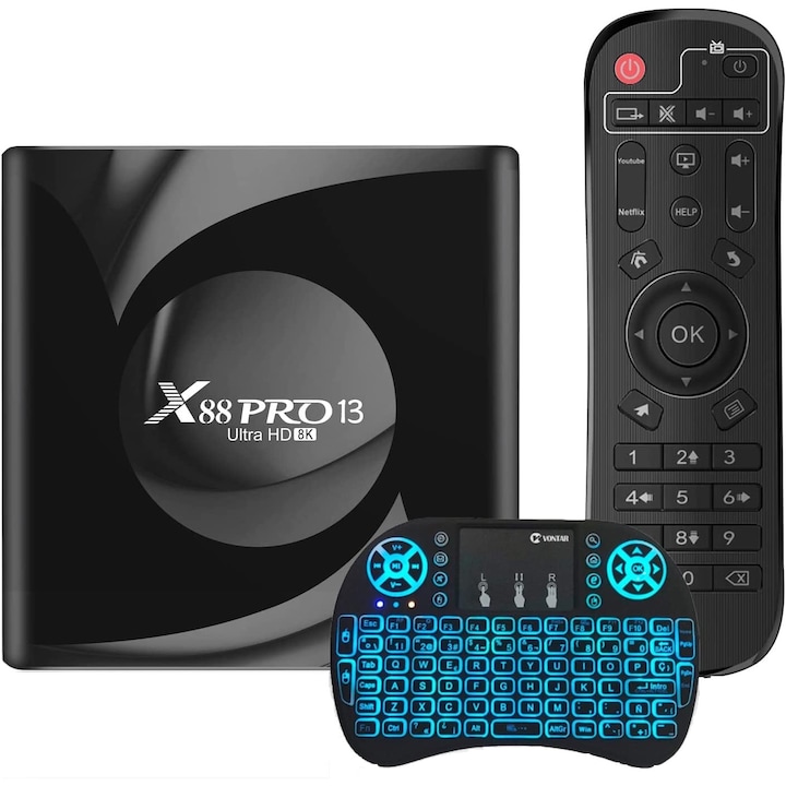 Smart TV box X88 Pro 2/16 GB android 13.0 Wifi 6 Ultra HD, i tastatura I8 Farrot negro