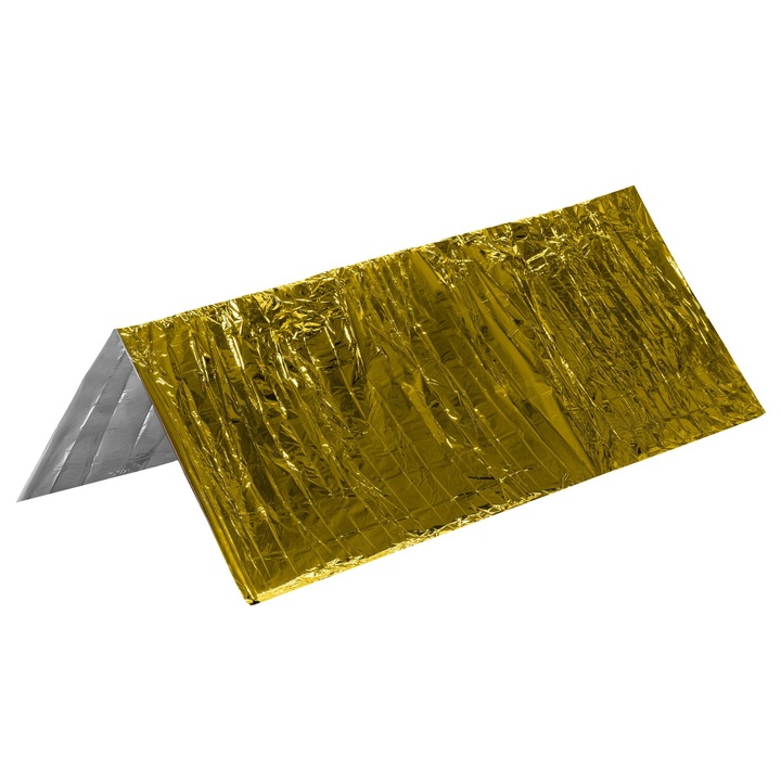 Folie termica de supravietuire, Badger Outdoor, reflectorizanta, portocaliu/argintiu, 206x130cm, set cu fluier de urgenta