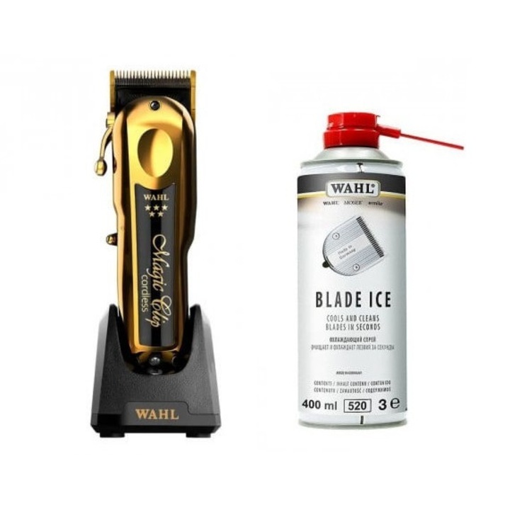 Set Wahl Profesional de Ingrijire - Magic Clip 5* Cordless Gold Edition si Spray pentru Intretinerea Cutitelor Blade Ice 4in1 - Tehnologie Avansata pentru O Performanta Superioara