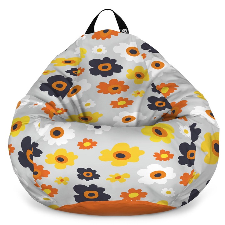 Fotoliu Updeco Puf Bean Bag tip para L, impermeabil, indoor/outdoor, sac interior, cu maner, 80 x 80 x 55 cm, daisy fundal gri
