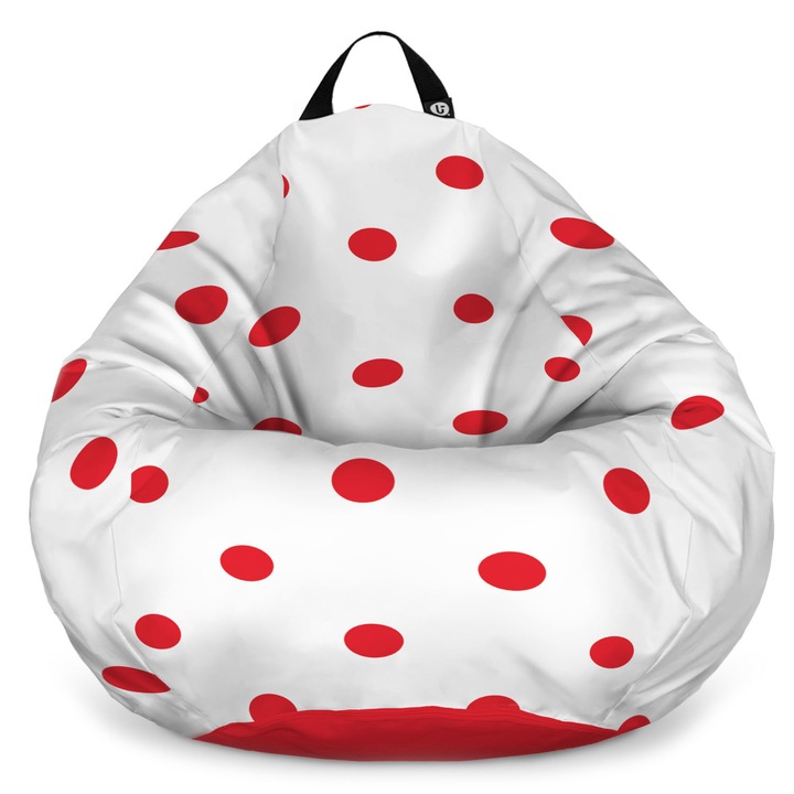 Fotoliu Updeco Puf Bean Bag tip para L, impermeabil, indoor/outdoor, sac interior, cu maner, 80 x 80 x 55 cm, alb cu buline rosii