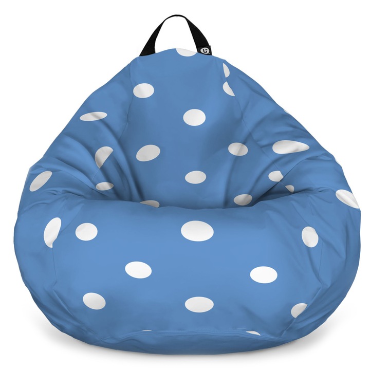 Fotoliu Updeco Puf Bean Bag tip para L, impermeabil, indoor/outdoor, sac interior, cu maner, 80 x 80 x 55 cm, albastru cu buline albe