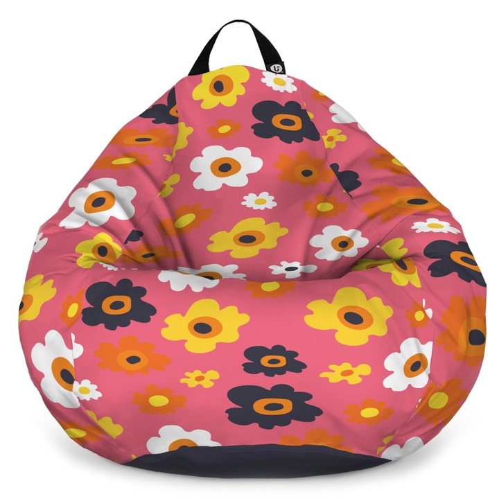 Fotoliu Updeco Puf Bean Bag tip para L, impermeabil, indoor/outdoor, sac interior, cu maner, 80 x 80 x 55 cm, daisy fundal roz