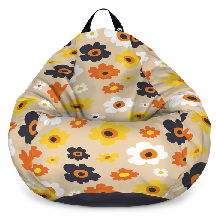 Fotoliu Updeco Puf Bean Bag tip para L, impermeabil, indoor/outdoor, sac interior, cu maner, 80 x 80 x 55 cm, daisy fundal beige