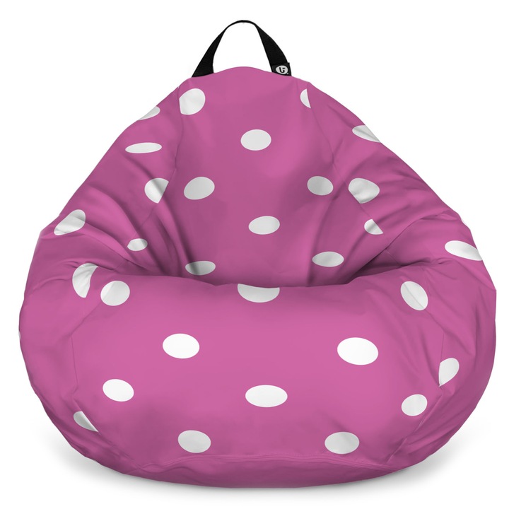 Fotoliu Updeco Puf Bean Bag tip para XL, impermeabil, indoor/outdoor, sac interior, cu maner, 90 x 90 x 60 cm, mov cu buline albe