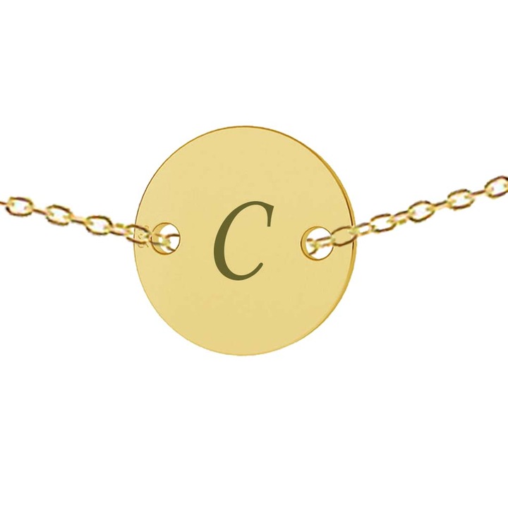 Lant argint 925 placat cu aur de 24k, 50 cm, banut gravat litera C argint 925 placat cu aur de 24k, Dalimag