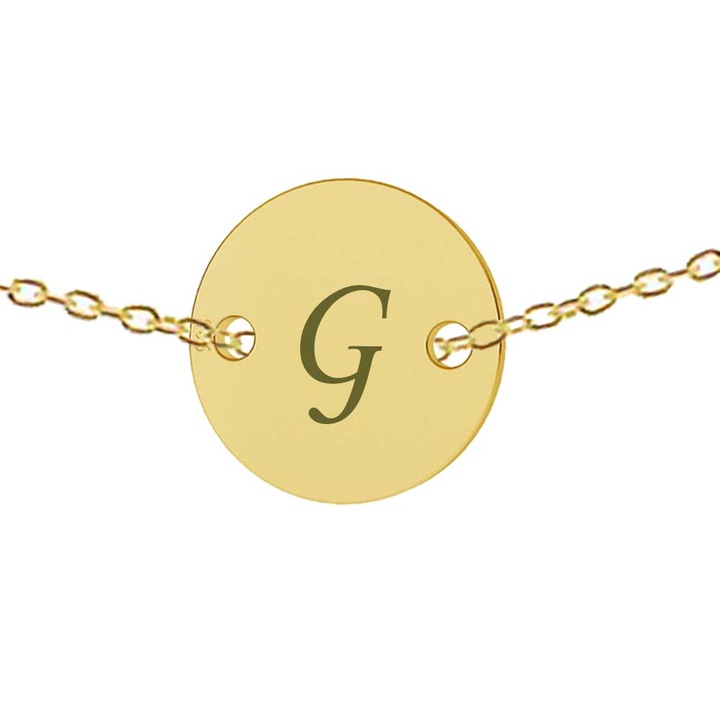 Lant argint 925 placat cu aur de 24k, 50 cm, banut gravat litera G argint 925 placat cu aur de 24k, Dalimag
