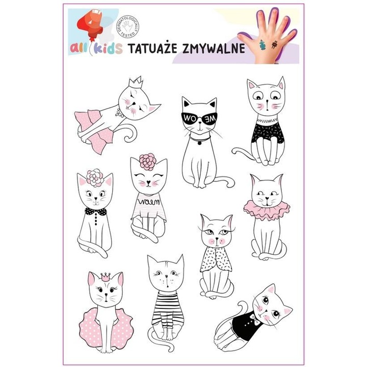 Set tatuaje temporare All4Kids, pisici 1, dermatologic testate, 100x150 mm, multicolor