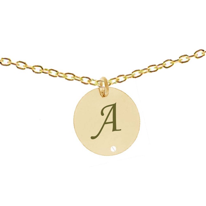 Lant argint 925 placat cu aur de 24k, 50 cm, cu banut rotund gravat litera A argint 925 placat cu aur de 24k, Dalimag