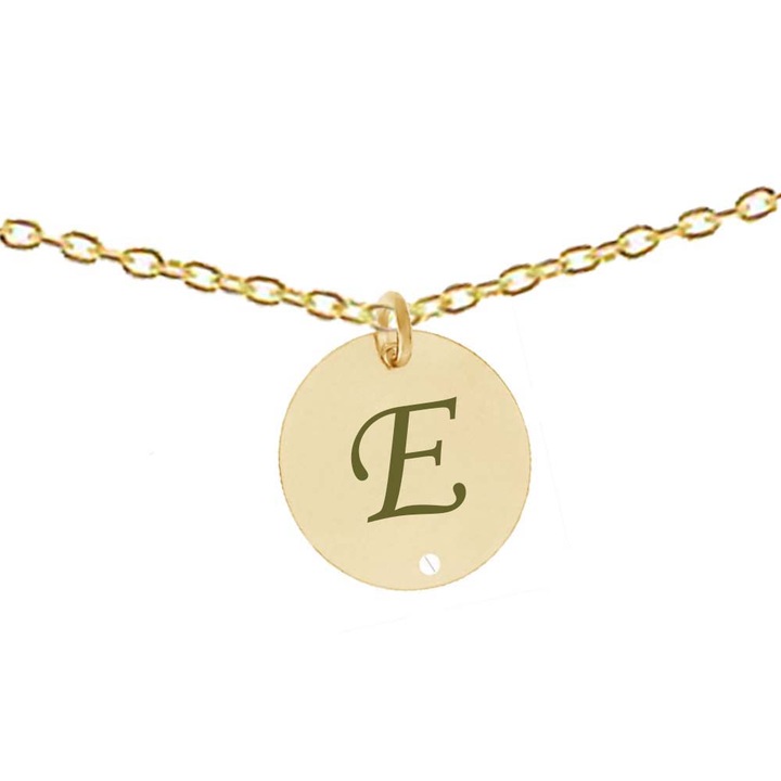 Lant argint 925 placat cu aur de 24k, 50 cm, cu banut rotund gravat litera E argint 925 placat cu aur de 24k, Dalimag