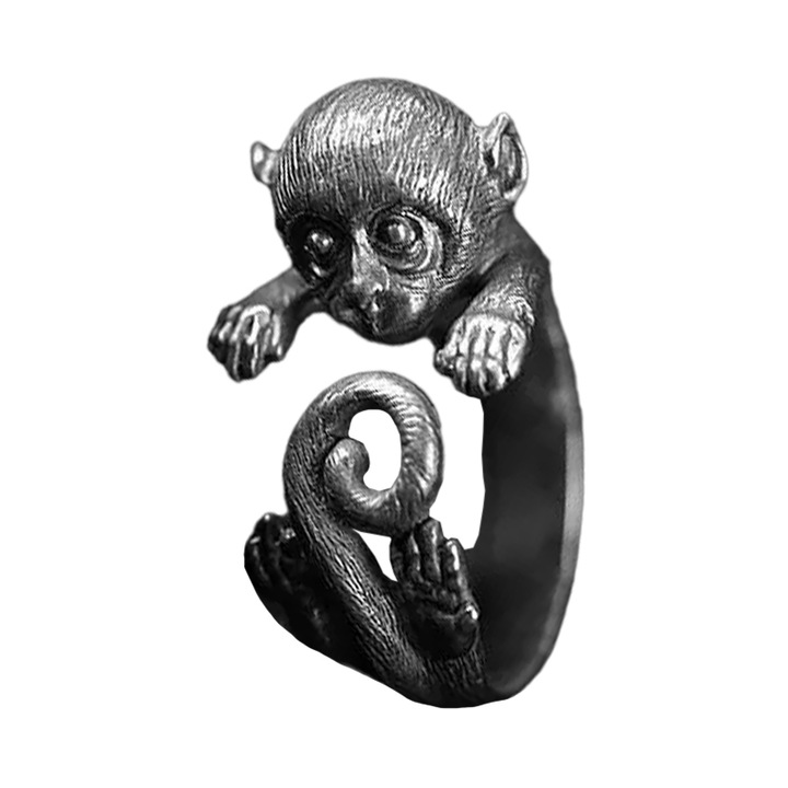 Inel retro, model maimuta jucausa, tematica friendly monkey, marime universala, reglabil, unisex, argintiu, EFAYN